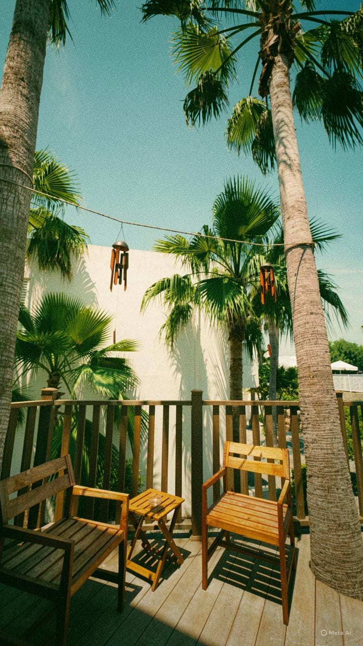 Palms and wind chimes outside the spa