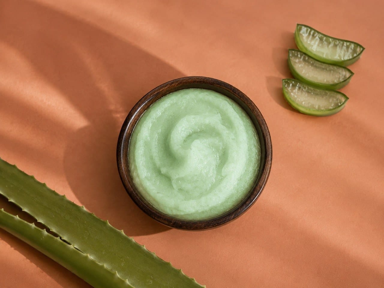 Oasis Salt Glow Scrub with aloe vera in a wooden bowl, beside fresh aloe leaves
