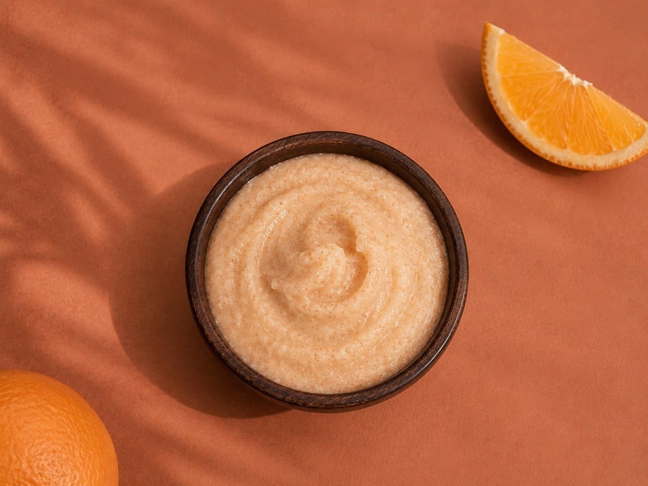 Oasis Salt Glow Scrub with orange in a wooden bowl, beside a slice of orange