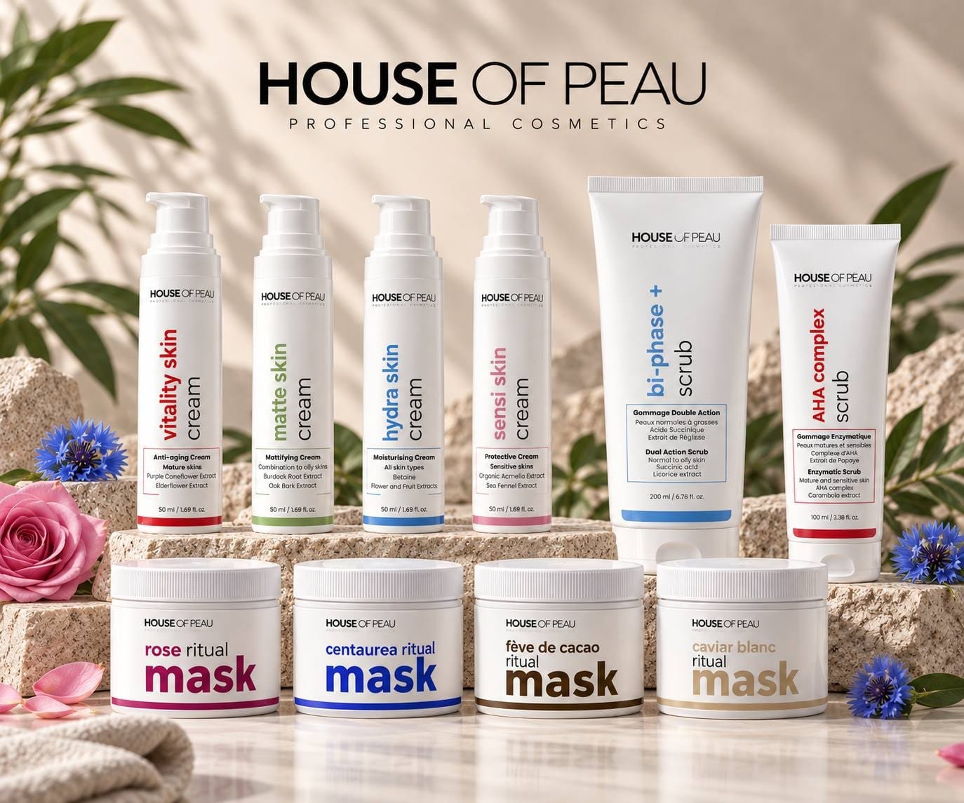 The House of Peau range we work with: creams, scrubs and ritual masks